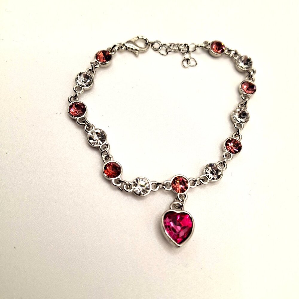 Silvertone Heart Charm Bracelet Pink and Clear Swarovski Crystals NWT